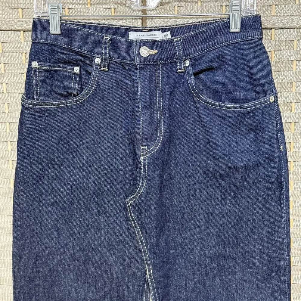 & Other Stories Midi Denim Pencil Skirt Size 4 Dark Wash Blue Deep V Front Slit